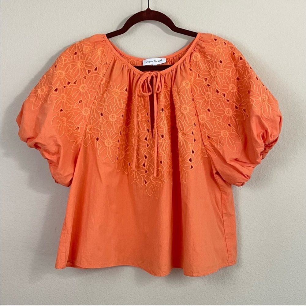 Jacquie the Label Orange Puff Sleeve Floral Eyelet Tie Neck Top Size Large